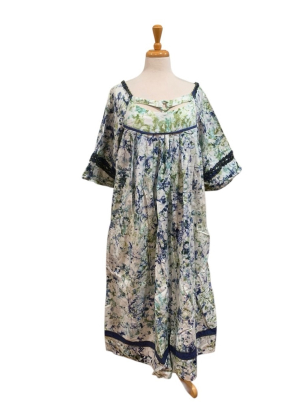 Vntg 70’s handmade tie dye elbow sleeve house dress w/huge sweep sz L